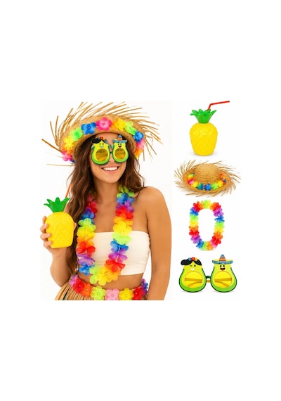 4 Parça Hawaii Parti Seti Ananas Bardak Hasır Şapka Avokado Gözlük Çiçek Kolye "