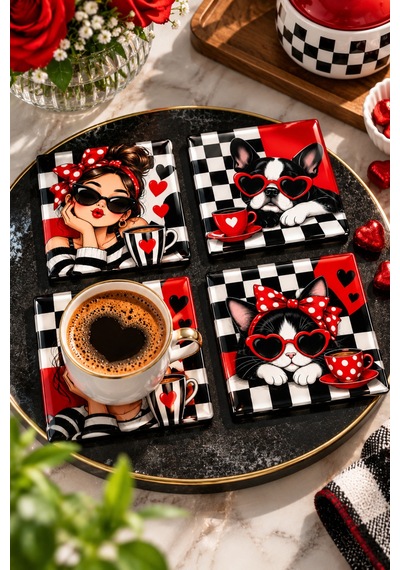 Gökçeoğlu Cam Bardak Altlığı Kırmızı Siyah Beyaz Pop Art Temalı 4'lü Takım 10cm X 10cm Çok Renkli