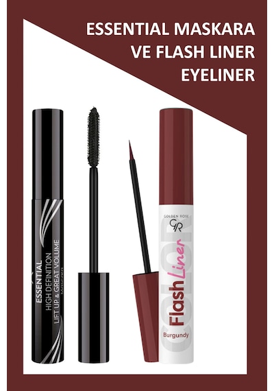 Essential Hacim Veren Maskara Siyah Ve Flash Liner Bordo Eyeliner Makyaj Seti