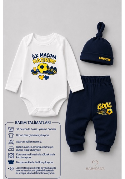 Babyden's Bebek 3'lü Takım Sarı Lacivert Taraftar Temalı Uzun Kol %100 Pamuk Yenidoğan Seti İlk Maçıma Hazırım