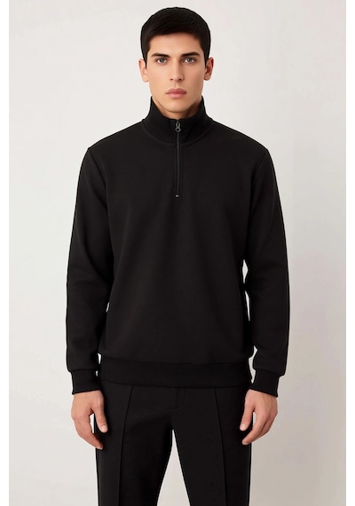 Benerly Erkek Dik Yaka Standart Kol Sweatshirt Pamuk Polyester siyah