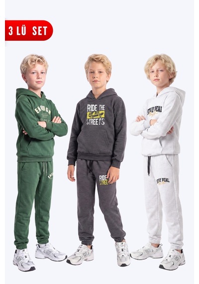 Fyk Kids Erkek Çocuk 3'lü Baskılı Kanguru Cepli Kapüşonlu Eşofman Takımı Haki-füme-gri Fyk Kids Erkek Çocuk 3'lü Baskılı Kanguru Cepli Kapüşonlu Eşofman Takımı Haki-füme-gri