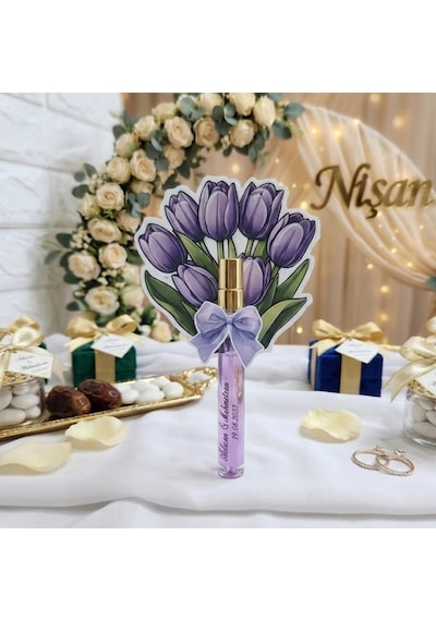 Cam Fısfıs Kolonya Şişesi Karton Çiçek Buketi Mor Süslem 15 Adet