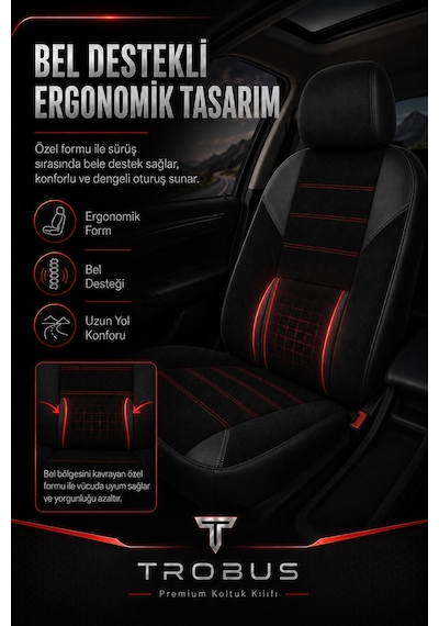 Nova Serisi Tay Tüyü Bel Destekli Siyah Kırmızı Premium Üniversal Koltuk Kılıfı Tam Set
