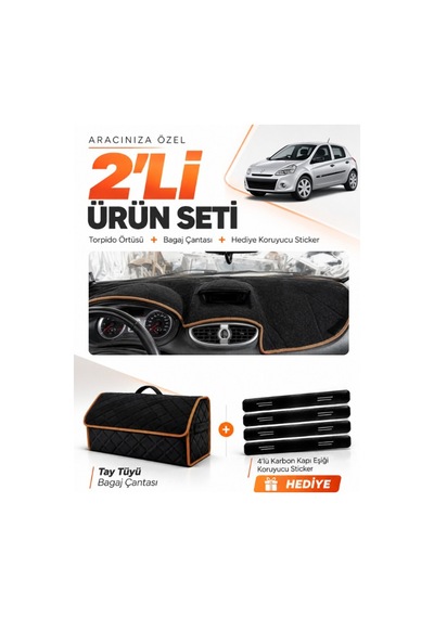 E-biz Renault Clıo 3 2005-2012 Uyumlu Torpido Örtüsü + Tay Tüyü Çanta - Siyah-kahverengi - Re017