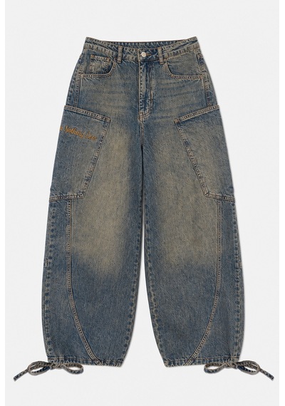 Kadın 4w6-85 Baggy Fit Özel Nakış Detaylı Tasarım Denim Jean Koyu Mavi