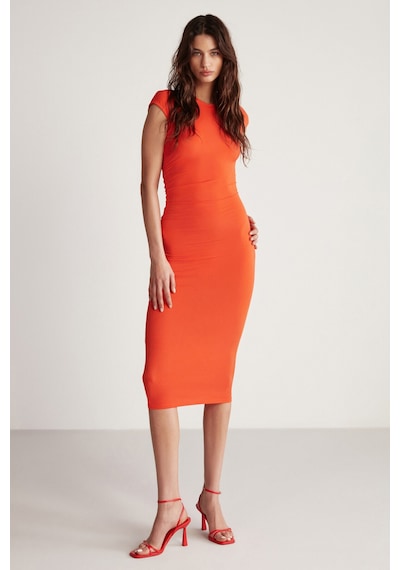 Ethıquet Rosalıa Kadın Esnek Dökümlü Sandy Kumaşlı Bodycon Vücüdu Saran Maxi Nar Çiçeği Elbise