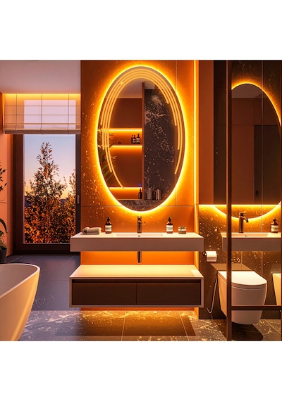 Elliptika Amber Led'li Lazer Kumlamalı Lavabo & Banyo Aynası Dokunmatik Sensörlü 70 X 45 Turuncu