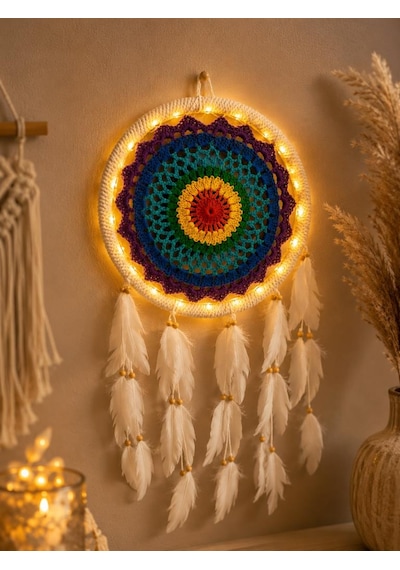 Led Işıklı Dream Catcher Düş Kapanı El Yapımı Bohem Duvar Süsü Renkli Mandala Dekor 22 Cm