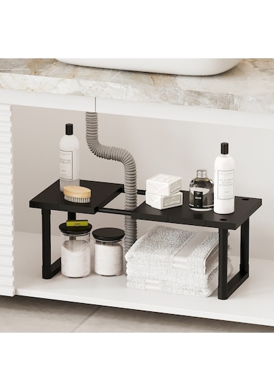 Ayarlanabilir Dolap Lavabo Altı Düzenleyici Raf Siyah