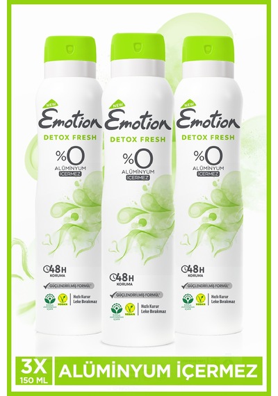Detox Fresh Kadın Alüminyumsuz Vegan Deodorant 3x150ML Hızlı Kurur, Leke Bırakmaz