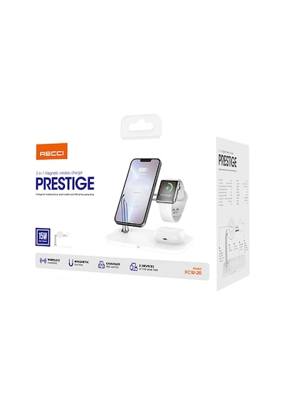 Recci RCW-20 Prestige Serisi 3in1 Magsafe 15W Hızlı Şarj Özellikli Magnetik Kablosuz Şarj Standı