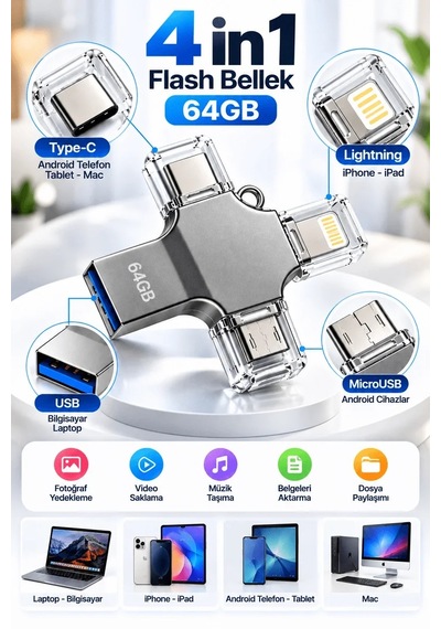 Lb 4 Farklı Bağlantı Noktasıyla Telefon Ve Bilgisayar Arasında Kolay Veri Aktarımı Sağlayan 64gb Flash Bellek