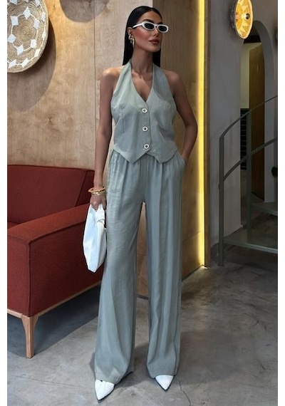 Moderie Butik Halter Yaka Yelekli Modal Takım 10144 Oli Ve