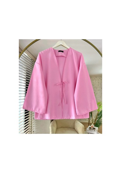 Unika Boutique Önü Bağlamalı Kimono Tunik Cift Renk Oversize Yeni Sezon Rahat Kalıp Önü Baglamalı Pembe