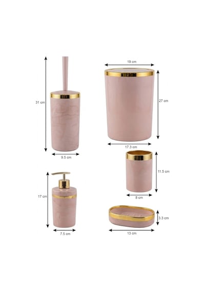 Makri Home Banyo Seti 5'li,akrilik-çöpkovası,wc Fırçalık,sıvı Sabunluk,diş Fırçalık,el Sabunluk,gold Renk Detay Somon