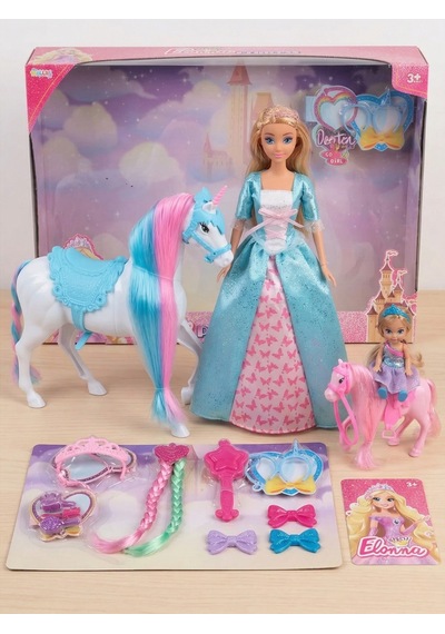Elonna Princess Yeleli Unicorn At Ve 30 Cm Prenses Bebek Oyun Seti - Saç Aksesuarlı