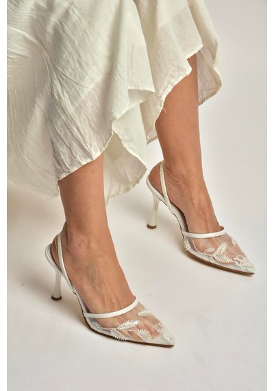 Fox Shoes Y752276315 Beyaz File Boncuk İşlemeli İnce Topuklu Kadın Ayakkabı