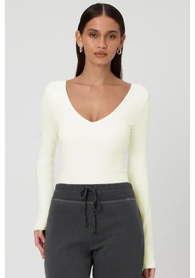 Madmext Beyaz V Yaka Uzun Kol Esnek Kumaş Bodysuit Mg2132-beyaz Beyaz
