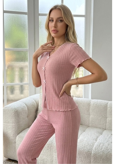 Bella Notte V Yaka Pamuklu Fiyonk Detaylı Pijama Takımı Krem