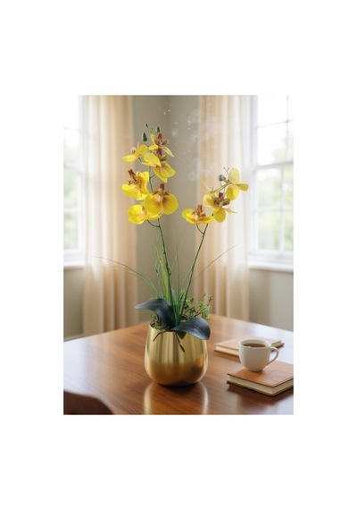 Yapay Çiçek Sarı Islak Orkide Gold Metal Saksıda Saksıda Orkide 50cm