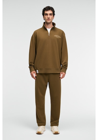 Grımelange BRAM Erkek %100 Pamuk Dik Yakalı Yarım Fermuarlı Baskılı Haki Sweatshirt