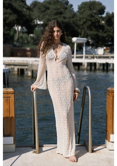 Mai Collection Mai Studios Co. Caroline Dantelli Bej Uzun Elbise Bej