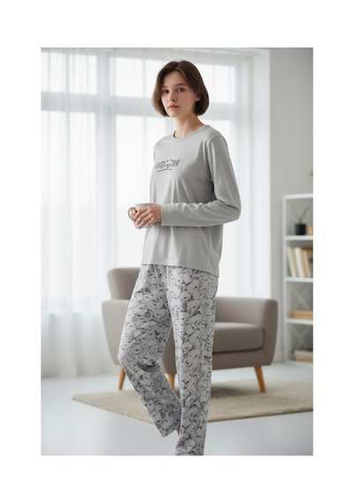 Feg Store Pamuklu Ayı Figürlü Yumuşak Dokulu Uzun Kollu Kışlık Kadın Pijama Takımı Gri