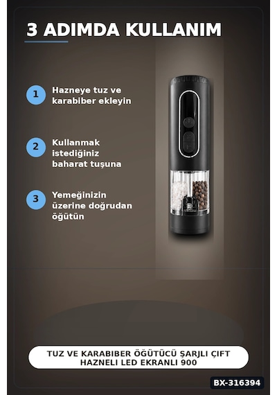 Tuz Ve Karabiber Öğütücü Şarjlı Çift Hazneli Led Ekranlı 900 Mah Model Bx-316394 Diğer