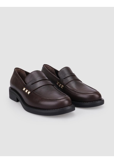 Hakiki Deri Kahverengi Zımba Detaylı Kadın Loafer Kahverengi