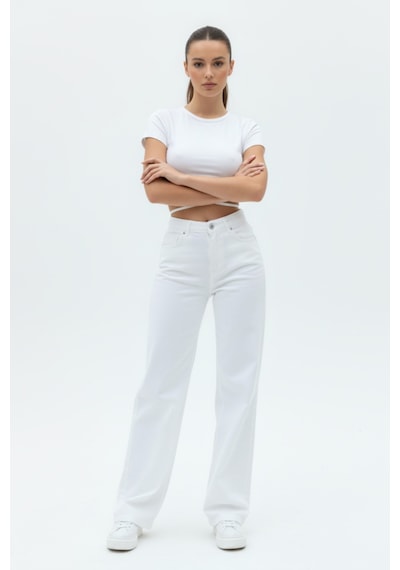 Woddi Nova Kadın Yüksek Bel Beyaz Salaş Jeans Wide Leg Geniş Paça Palazzo Kot Pantolon