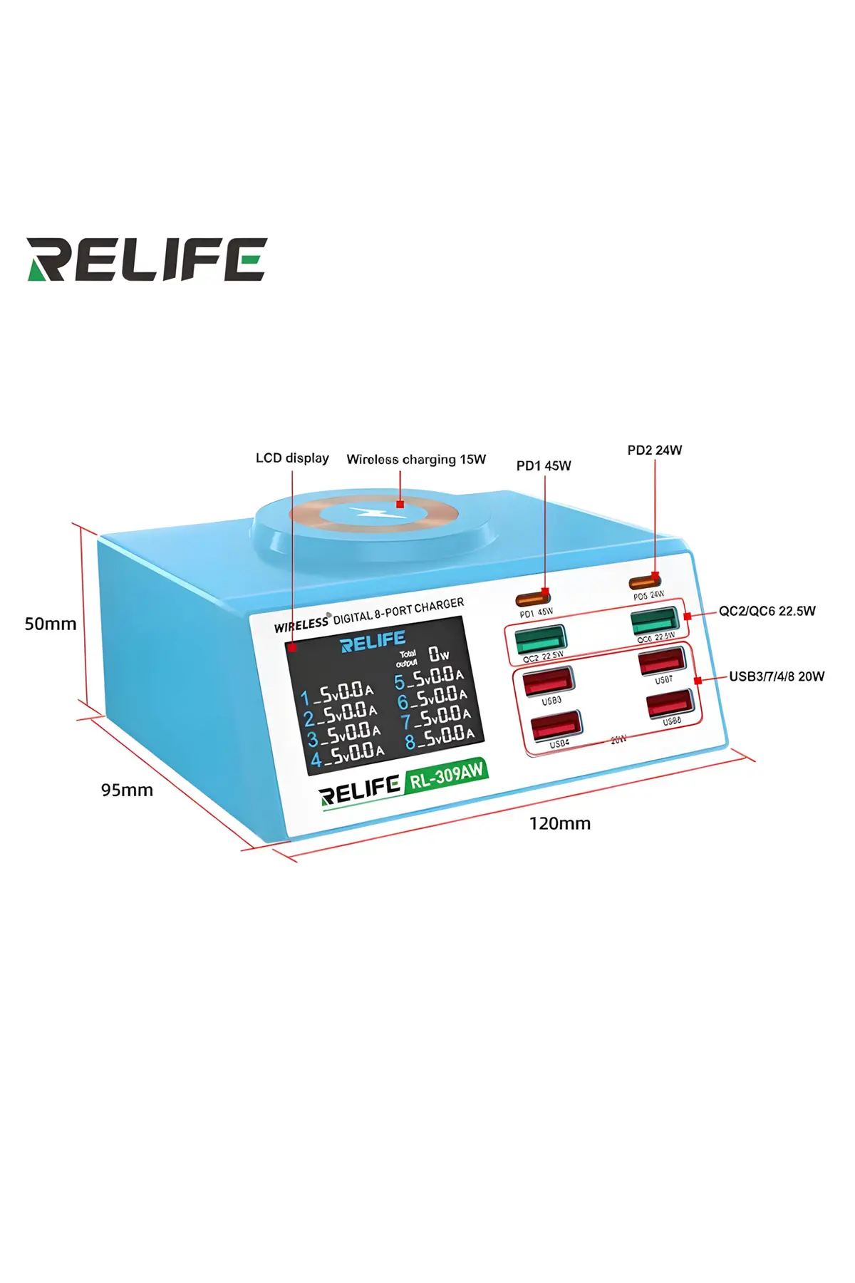 Relıfe Rl-309 8 Port Dijital Hızlı Şarj İstasyonu Pd 3.0 Qc 3.0 Usb Type-c Magsafe 1
