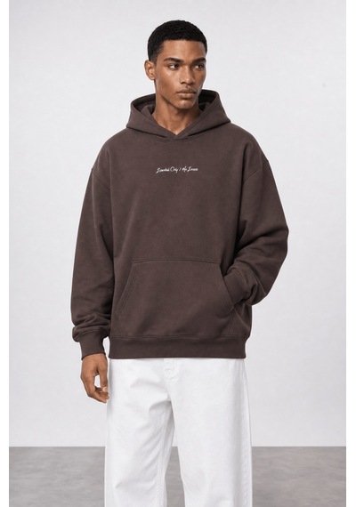 Respire Erkek Essentials Nakışlı Oversize Hoodie Kahve