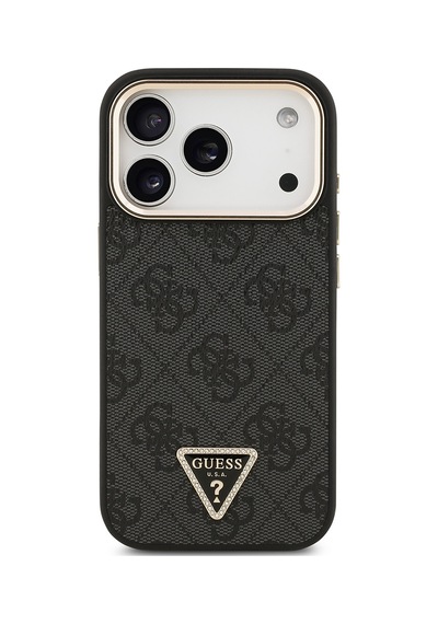 Apple Uyumlu iPhone 17 Pro Kılıf Guess Lisanslı M-safeli Gold Kamera Çerçeveli Taşlı Üçgen Logo 4g Desenli Siyah Siyah