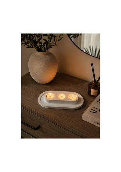 3 Lü Oval Mumluk Dekoratif Tepsi El Yapımı Şık Mumluk Beyaz