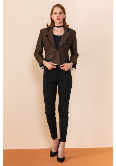Serpil Exclusive Kadın Püskül Detaylı Kısa Blazer Ceket Kahve