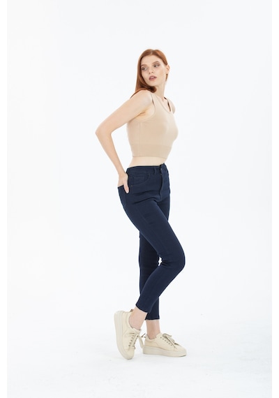 Koyu Mavi Yüksek Bel Toparlayıcı Dar Paça Skinny Power Likralı Kot Pantalon Koyu Mavi