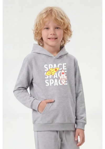 Fyk Kids Kanguru Cepli Kapüşonlu Baskı Detaylı Erkek Çocuk Sweatshirt Gri