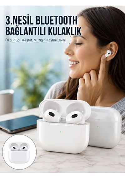 3.nesil İos Android Uyumlu Bluetooth 5.0 Beyaz Çağrı Cevaplama Yeni Nesil