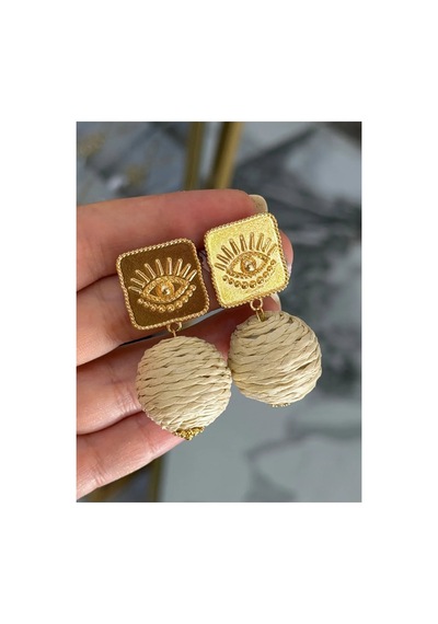 Gold Ve Göz Detaylı Krem Hasır Küpe