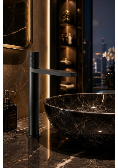 Fontana Fk-9125 Mat Siyah Yüksek Lavabo Bataryası Şık Tasarımlı Siyah Lavabo Bataryası