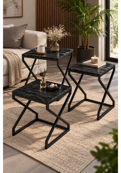 Sulorahome Modern Zigon Sehpa Seti Siyah Desenli Ve Metal Ayaklı Siyah Mermer Desenli