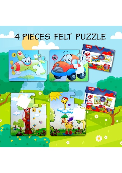 4 Set 48 Parça Tox Uçak. Araba Ve Zürafa 3+ Keçe Yapboz 3 Yaş