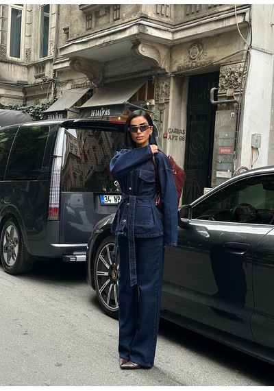 Meecy Koyu Lacivert Bağlamalı Denim Takım Oversize Ceket Ve Pantolon Lacivert Lacivert