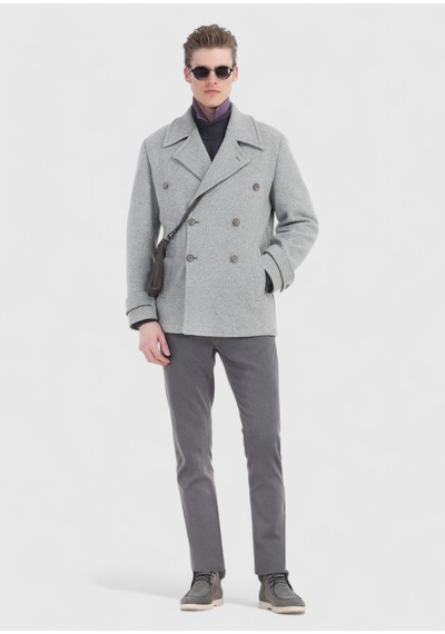 Ramsey Gri Slim Fit Kruvaze Yaka Örme Palto
