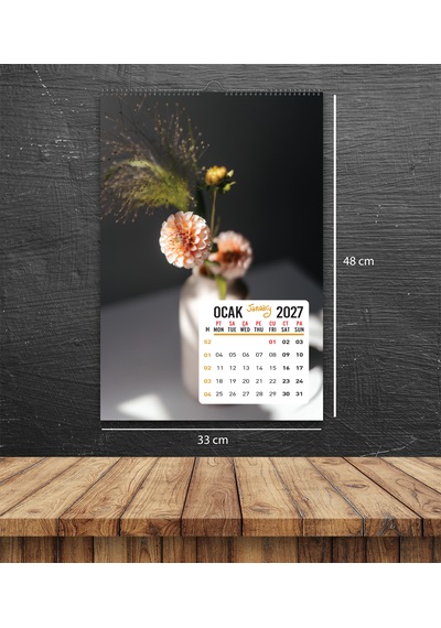 2027 Çiçek Duvar Takvimi 33x48 Cm 12 Sayfa Üstten Spiralli Diğer