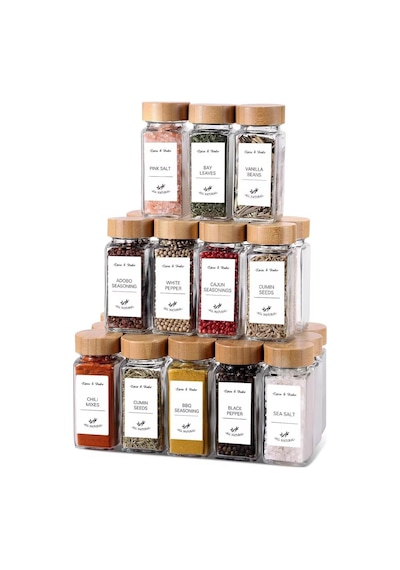 12'li Bambu Ve Akasya Kapaklı Cam Baharatlık Seti 120 Ml - Doğal Ahşap Kapaklı, Şeffaf Cam, Sağ Bambu Kapak