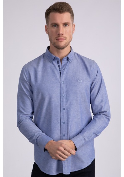 Tudors Slim Fit Dar Kesim Uzun Kol Erkek Gömlek-23352 Mavi