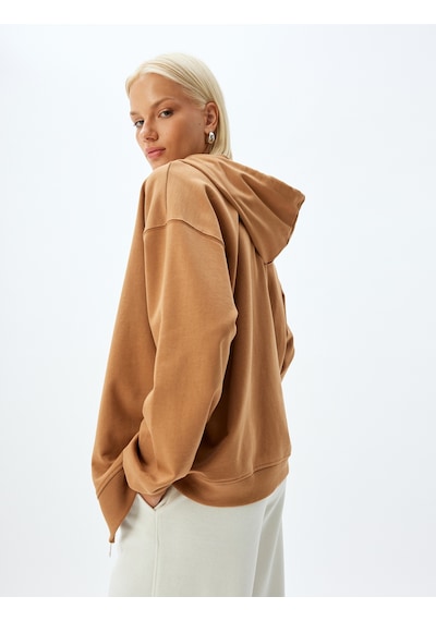 Koton Fermuarlı Kapşonlu Sweatshirt Uzun Kollu Üç İplik Pamuklu Deve Tüyü 5wak10225ek Taba
