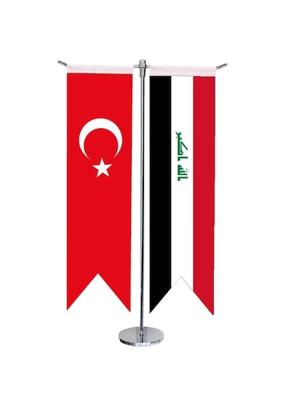 Masa Üstü Kırlangıç Irak + Türk Bayrağı + Krom T Direk Masa Bayra